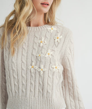 Lulu Embroidered Daisy Sweater in Cream