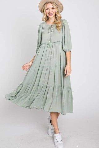 Light Gray Sage Puff Midi Dress