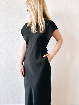 Halle Satin Midi Dress in Black