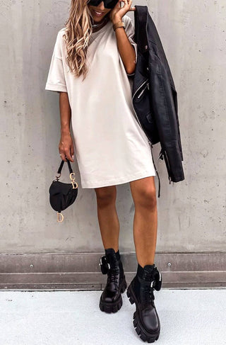 Beckie Oversized Tunic T-Shirt Dress Top in Stone