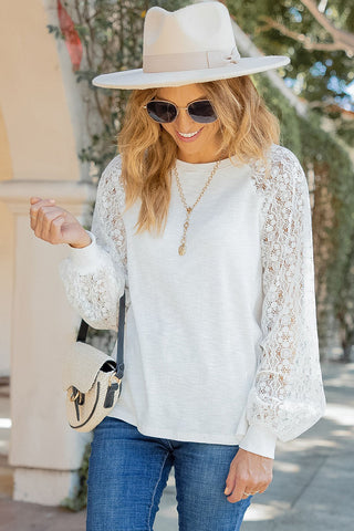 Gray Cotton + Lace Raglan Top