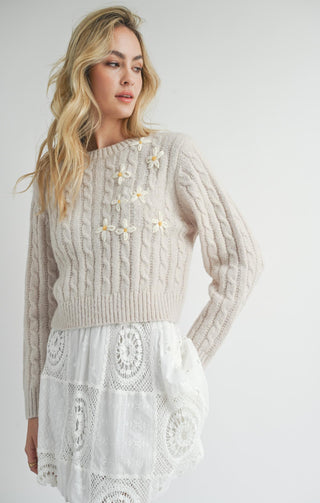 Lulu Embroidered Daisy Sweater in Cream