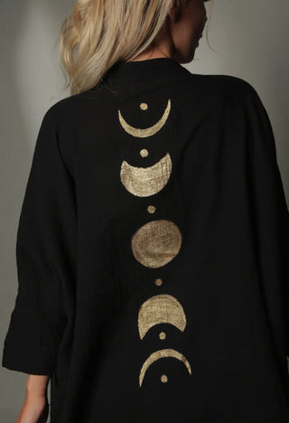 Gold Moon Phases Muslin Cotton Robe in Black {pre-order}