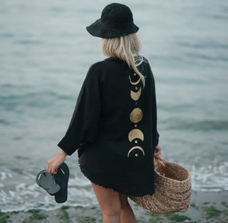 Gold Moon Phases Muslin Cotton Robe in Black {pre-order}