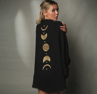 Gold Moon Phases Muslin Cotton Robe in Black {pre-order}