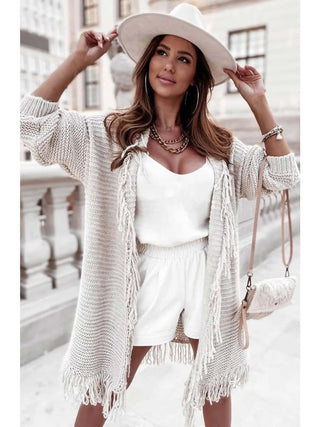 Light Gray Jenna Tassel & Fringe Knit Cardigan