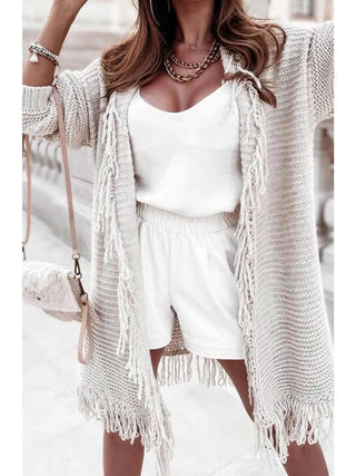 Light Gray Jenna Tassel & Fringe Knit Cardigan