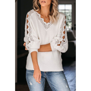 Gray Lace V-Neck Sweater (Cloud White)