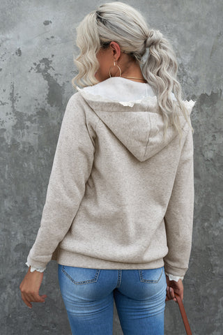 Light Slate Gray White Lace Trim Hooded Jacket