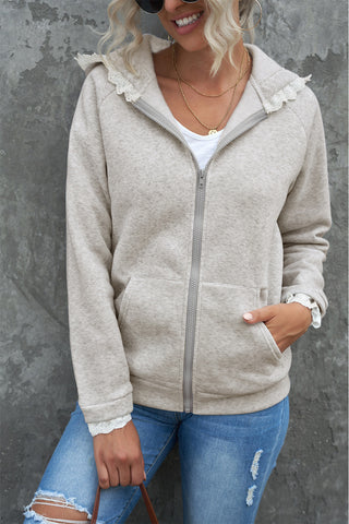 Light Slate Gray White Lace Trim Hooded Jacket