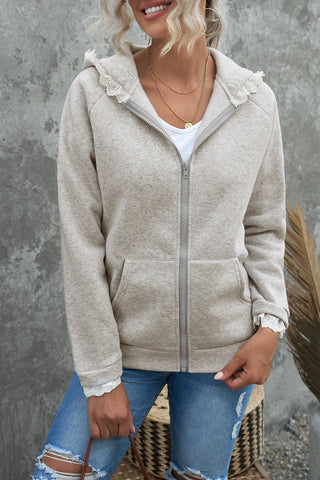 Light Slate Gray White Lace Trim Hooded Jacket