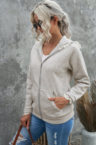 Light Slate Gray White Lace Trim Hooded Jacket