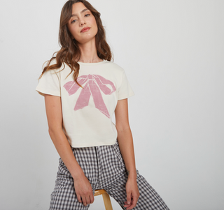 Pink Bow Baby Tee in Off-White