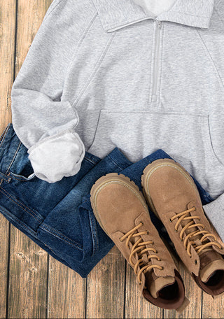 Grey heather sweatshirt with jeans and boots in flatlay