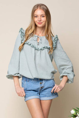 Light Gray Frilly Gingham Top (Sage)