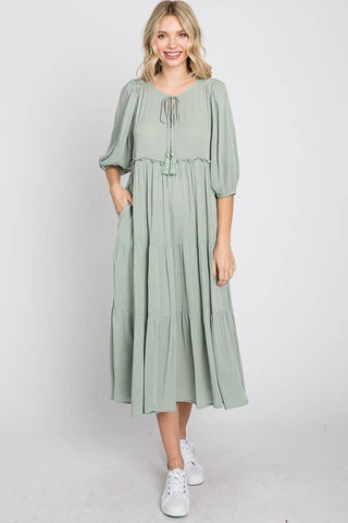 Light Gray Sage Puff Midi Dress