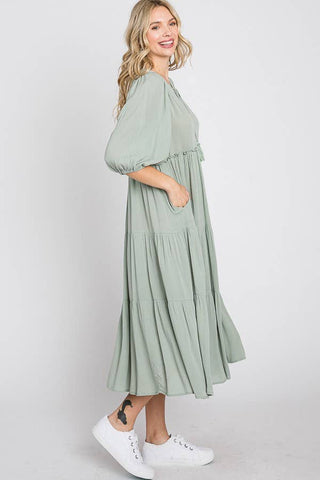 Light Gray Sage Puff Midi Dress