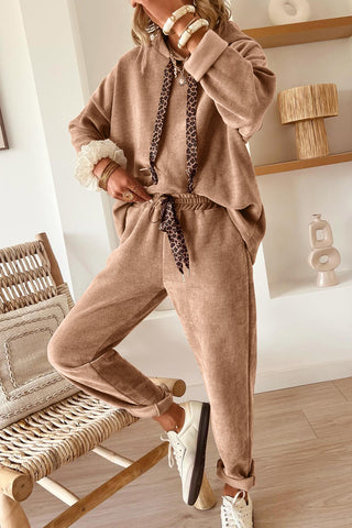 Beige Leopard Corduroy Set | Hoodie + Pants