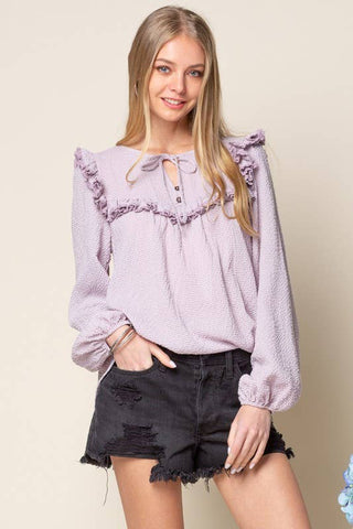 Light Gray Frilly Gingham Top (Lavender)