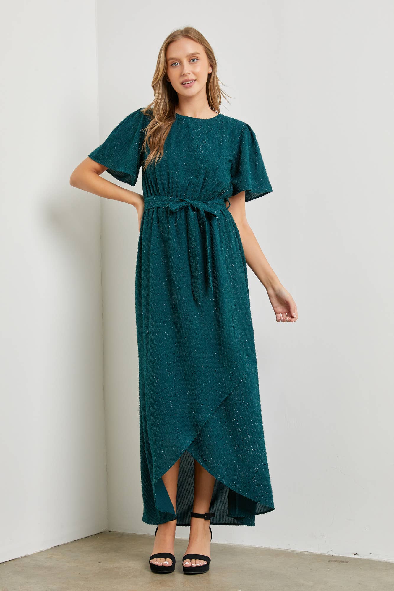 hunter green midi dress Making It Happen Scalloped Dress, Medium - The Mint Julep Boutique Bell Sleeve Midi Dress-Hunter Green