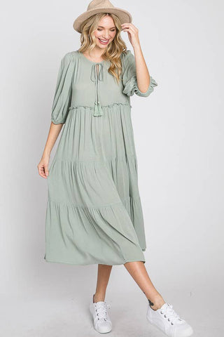 Light Gray Sage Puff Midi Dress